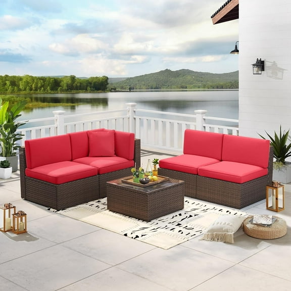 AOXUN 5-Piece Rattan Patio Conversation Set, Outdoor Patio Furniture Sets, Patio Furniture Sets with Coffe Table, Red Cushions, for Garden, Backyard, Poolside