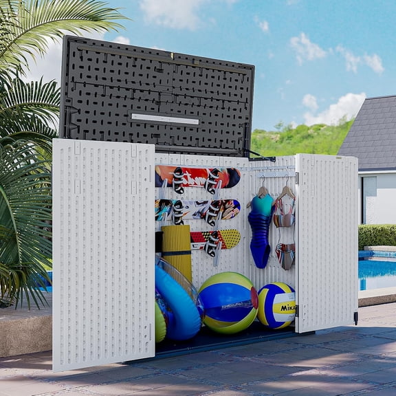 AOXUN Horizontal Storage Sheds 41 Cu.ft, HDPE Outdoor Storage Cabinet, Waterproof Lockable Resin Shed with Spring-Assisted Lid, Patio Storage for Garden, Pool, Cushions, Tools, White