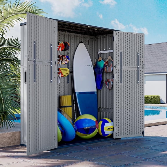 AOXUN Horizontal Storage Sheds 61 Cu.ft, HDPE Outdoor Storage Box 160 Gallon, Waterproof Lockable Resin Deck Box with Spring-Assisted Lid, Patio Storage for Garden, Pool, Cushions, Tools, Gray