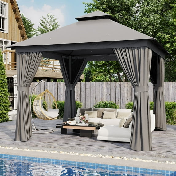 AOXUN Outdoor Gazebo for Patio 10x10, Metal Frame Canopy with Double Roofs, Heavy Duty Party Tent and Shelter with Mosquito Netting and Privacy Screen for Backyard, Lawn, Garden, Deck (Grey)
