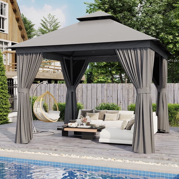 AOXUN Outdoor Gazebo for Patio 10x10, Metal Frame Canopy with Double Roofs, Heavy Duty Party Tent and Shelter with Mosquito Netting and Privacy Screen for Backyard, Lawn, Garden, Deck (Grey)