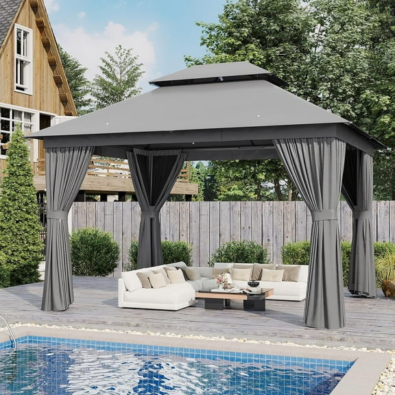 AOXUN Outdoor Gazebo for Patio 10x12, Metal Frame Canopy with Double Roofs, Heavy Duty Party Tent and Shelter with Mosquito Netting and Privacy Screen for Backyard, Lawn, Garden,Deck (Gray)