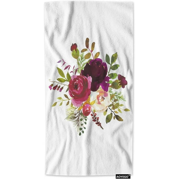 AOYEGO Floral Hand Towels Watercolor Boho Burgundy Red White Rose Flower Green Leaf Towel Highly Absorbent Soft Towel Kitchen Bath Decor for Women Men 15x30 Inch