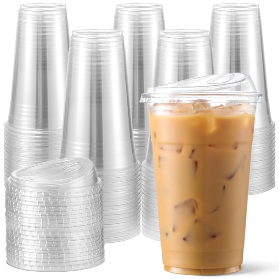 AOZITA 100 Pack - Clear 16 Oz Plastic Cups With Lids, Disposable Iced Coffee Cups With Lids for Party Drinks, Bubble Tea and Cold Beverage, BPA Free & Food Safe Y102