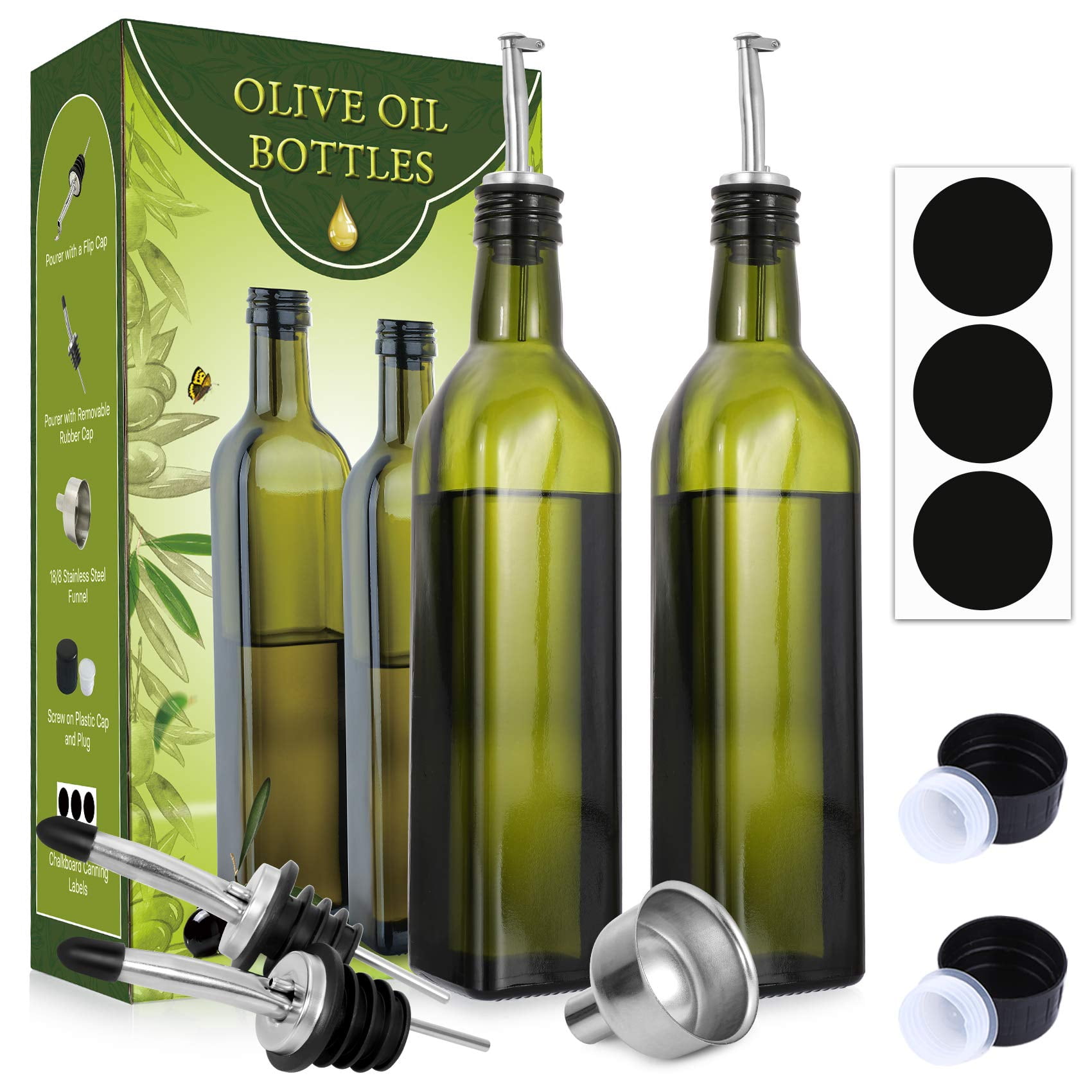 Green Glass Olive Oil Dispenser Set with Funnel and Pourers