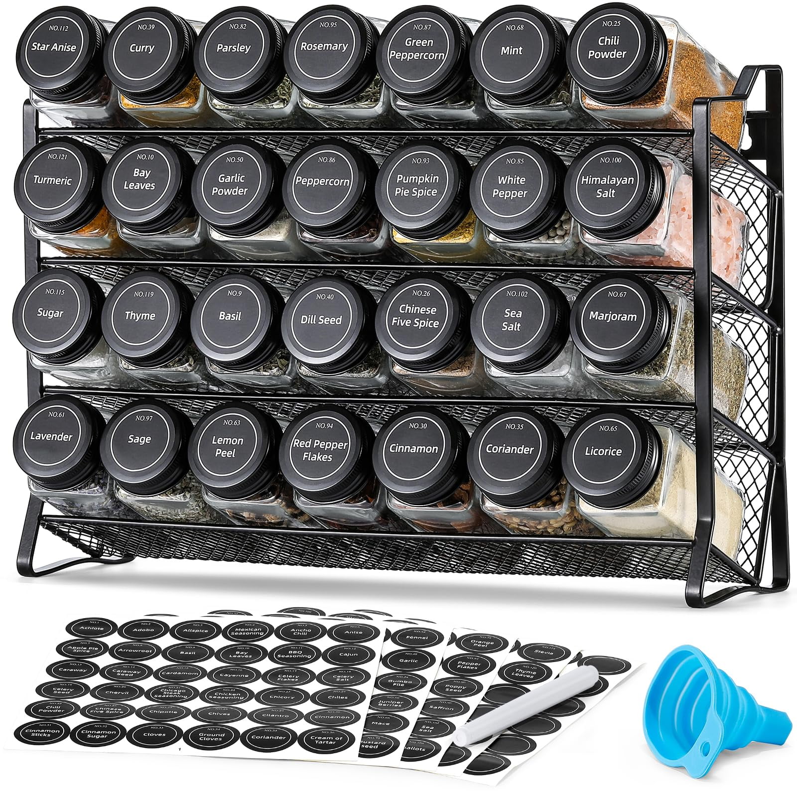Black Metal 4-Tier Spice Rack with Clear Glass Jars