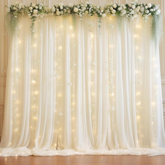AP 10ft Beige Chiffon Backdrop Curtain with Lights String for Parties,2 Panels Sheer Chiffon Curtain Wedding Backdrop with Lights for Baby Shower Birthday Party Ceremony Reception Home Decorations