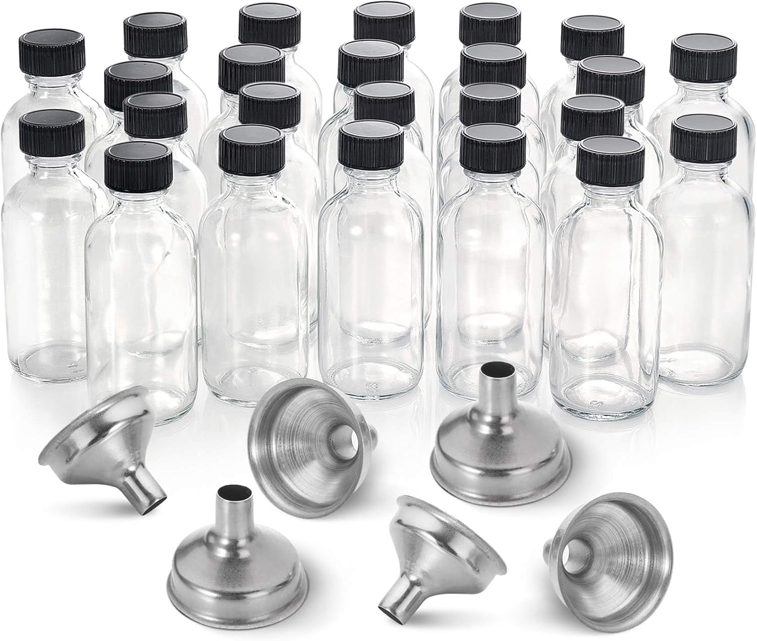 AP 24 Pack, 2 oz Small Clear Glass Bottles w/ Lid & 6 Stainless Steel Funnels-60ml Boston Sample Bottles-Mini Travel Essential or Decorative Bottles for Potion, Juice, Wellness, Ginger Shots, Whiskey
