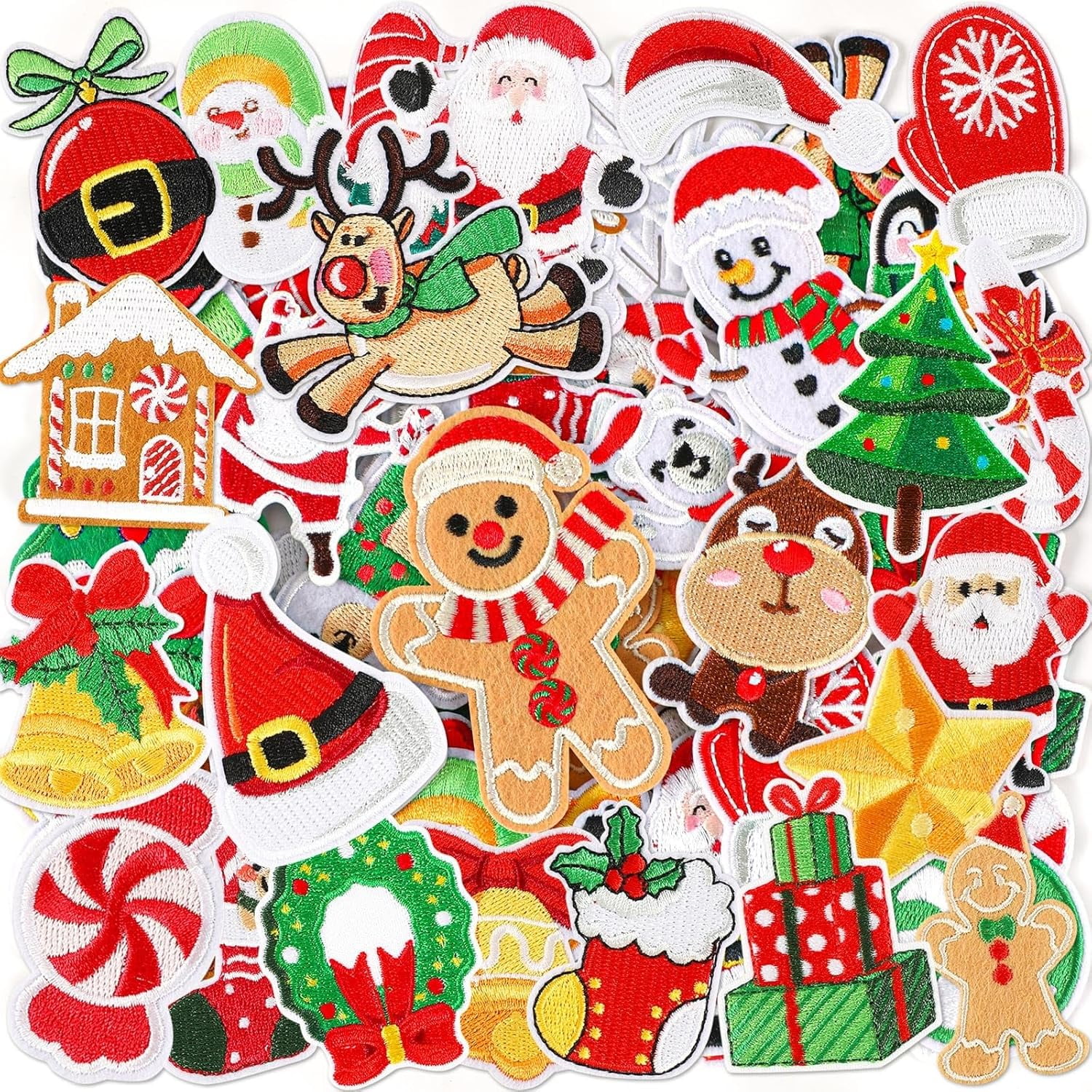 AP 60pcs Christmas Iron on Patches Random Assorted Styles Xmas Embroidered Sew Applique Repair Patch Santa Claus Christmas Tree Wreath Snowman Elk Angel Reindeer Candy Cane DIY Crafts for Clothing