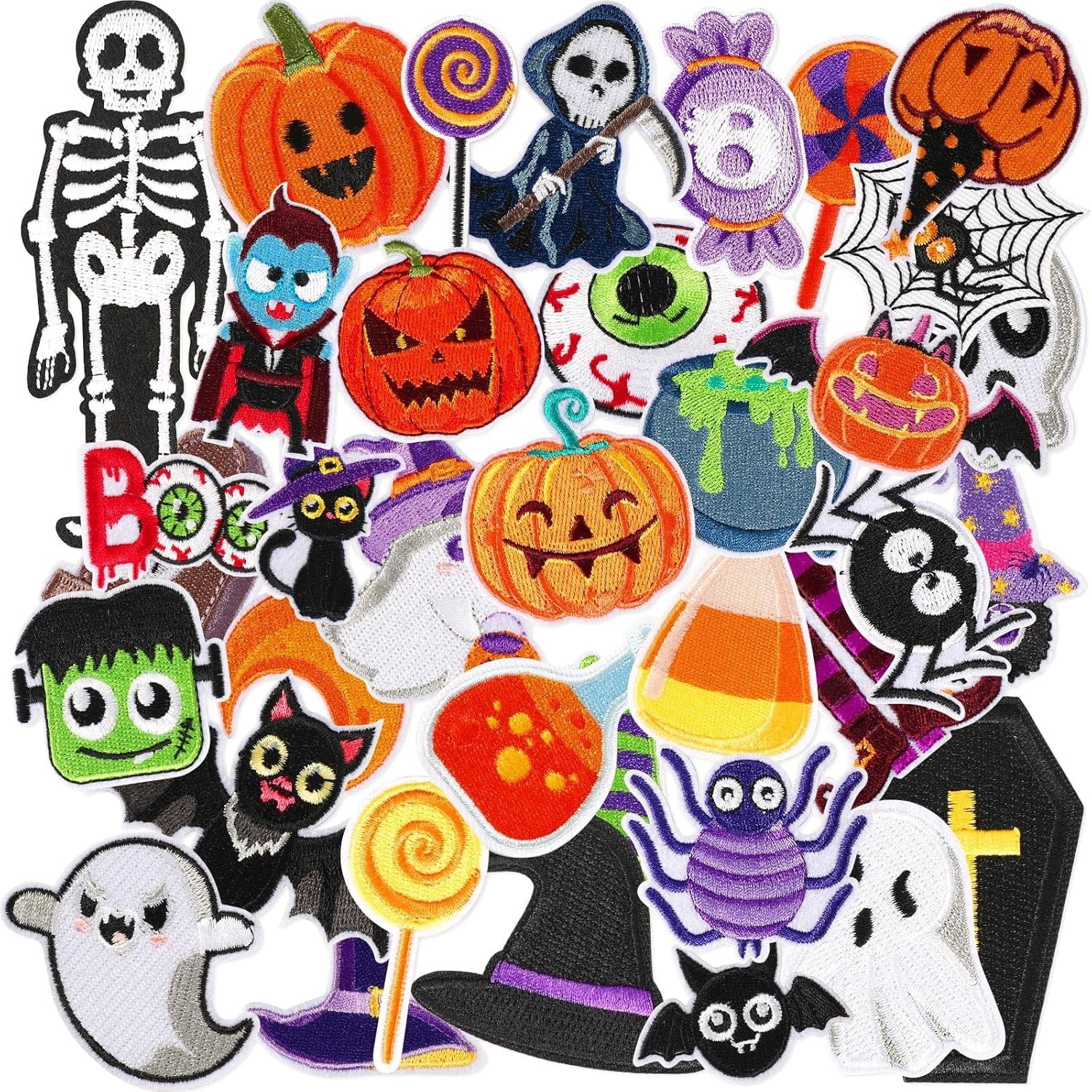 AP 60pcs Halloween Iron on Patches Random Assorted Halloween Embroidered Sew Applique Repair Patch Cute Skull Pumpkin Ghost Black Cat Witch Bats Patches for Clothing Jacket Dress Backpack Hat