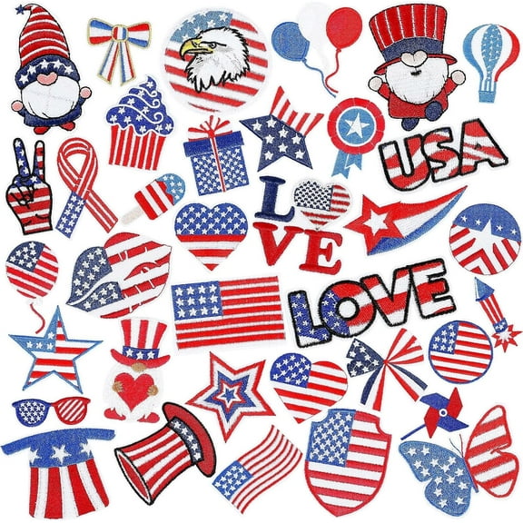 AP 60pcs Independence Day Iron on Patches 4th of July Patriotic Embroidered Sew Applique Repair Patch American Flag DIY Crafts for Clothing Jacket Jeans Pants Dress Backpack Hat Decorations Gift