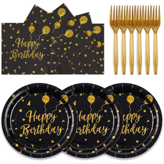 AP 75PCS Happy Birthday Paper Plates - 7 Inch Black Gold Dot Paper Plates and 6.5 Inch Napkins with 6.3 Inch Gold Forks Disposable Tableware Set for Birthday Party Decorations, Serves 25