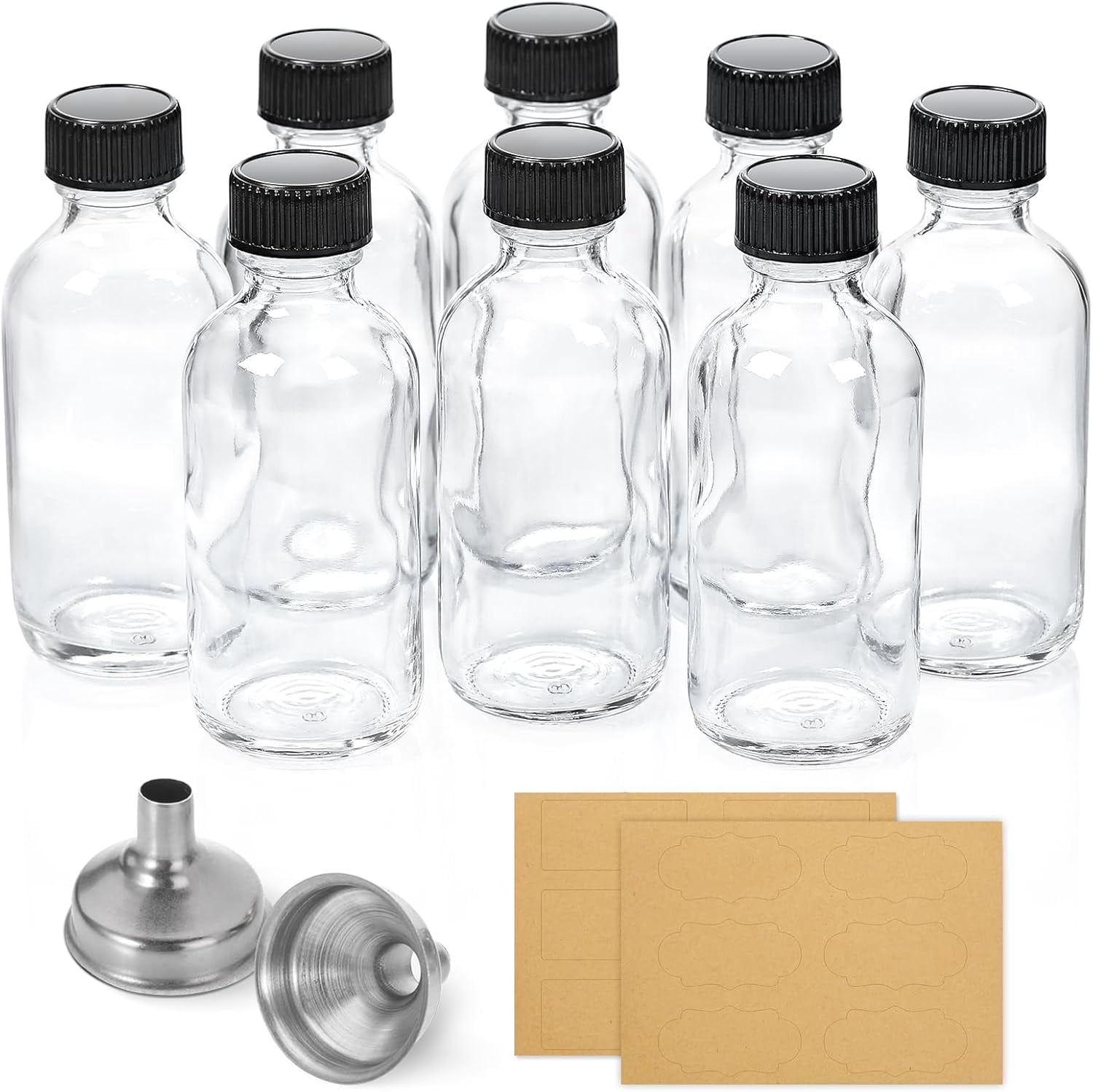 AP 8 Pack, 2 oz Small Clear Glass Bottles w/Lid & 2 Funnels - 60ml Boston Shot Bottles for Health, Immunity, Potion, Wellness, Sample, Ginger, Juice - Mini Personal Care & Beauty Travel Bottle
