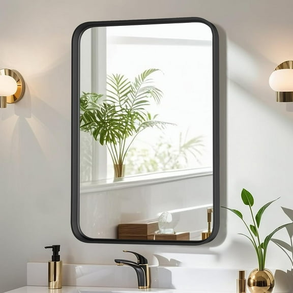 AP Bathroom Mirror for Wall, 30x22 Inch Rounded Rectangle Mirror, Black Metal Framed Bathroom Vanity Mirror for Restroom Farmhouse, Anti-Rust, Tempered Glass, Horizontally or Vertically Hanging