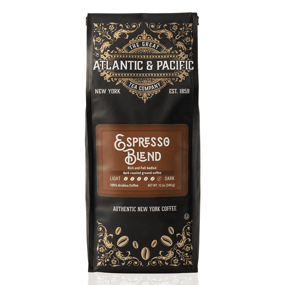 A&P Espresso Roast Dark Roast Ground Espresso Coffee, 12 oz, 1Pack, 100% Arabica with Rich, Aromatic Flavor