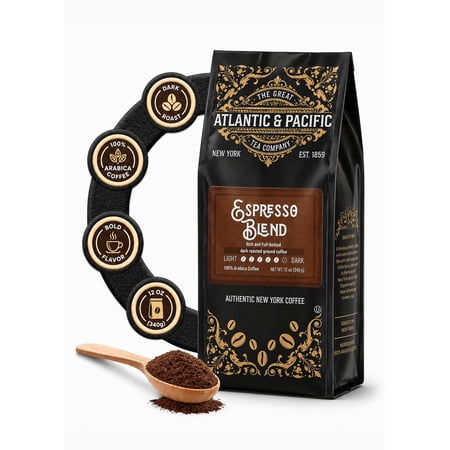 A&P Espresso Roast Dark Roast Ground Espresso Coffee, 12 oz, 1Pack, 100% Arabica with Rich, Aromatic Flavor