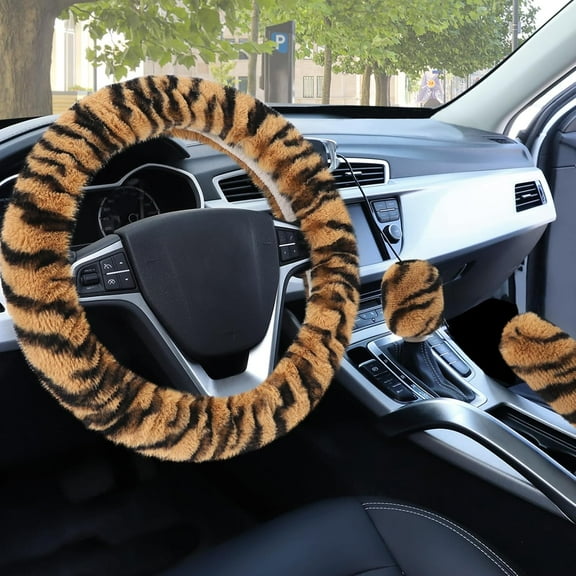 AP Fluffy Car Steering Wheel Cover, Universal Fuzzy Auto Wheel Cover & Handbrake Cover & Gear Shift Cover Set, Anti-Slip Tiger Stripe Warm Fur Vehicle Wheel Protector Car Accessories for Men Women