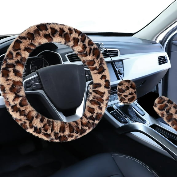 AP Fuzzy Car Steering Wheel Cover, Universal Fit Fur Auto Wheel Cover & Handbrake Cover & Gear Shift Cover Set, Leopard Warm Fluffy Vehicle Wheel Protector Car Accessories for Men Women (Brown)