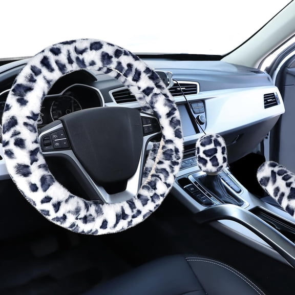 AP Fuzzy Car Steering Wheel Cover, Universal Fit Fur Auto Wheel Cover & Handbrake Cover & Gear Shift Cover Set, Leopard Winter Warm Fluffy Vehicle Wheel Protector Car Accessories for Men Women