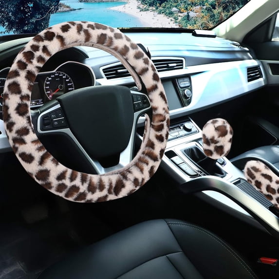 AP Fuzzy Steering Wheel Cover for Women Girls,Universal Fit 15 inch Fur Car Wheel Cover & Handbrake Cover & Gear Shift Cover Set, Fashion Leopard Winter Warm Fluffy Vehicle Wheel Protector