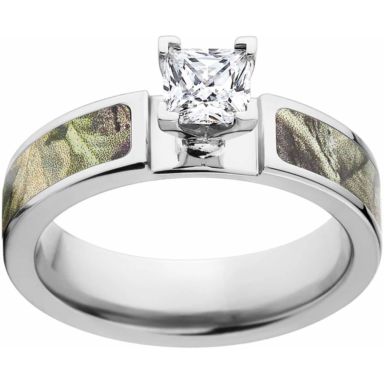 Realtree 14kt White Gold Prong Setting Cobalt Engagement Ring with Polished Edges, Princess CZ 11.5