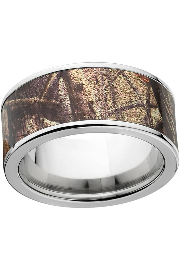 AP Men's Camo 10mm Stainless Steel Wedding Band with Polished Edges and Deluxe Comfort Fit