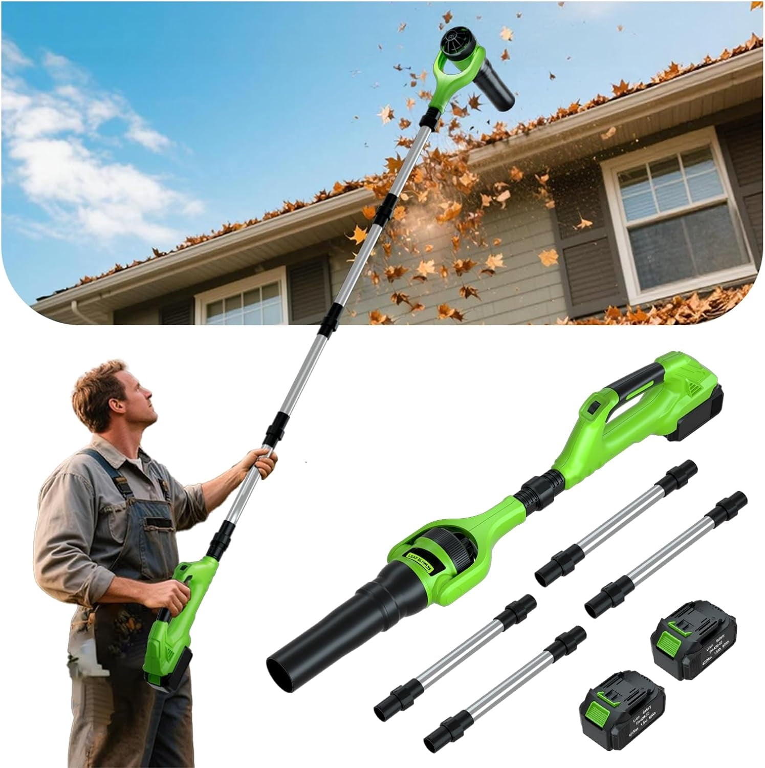 AP Roof Gutter Cleaning from The Ground, 21V Leaf Blowers Cordless with 2 Battery, Adjustable Pole (98inch)3 Speed Modes 500CFM/180MPH for Gutter Cleaner Extension Attachment Kit for Garden,House