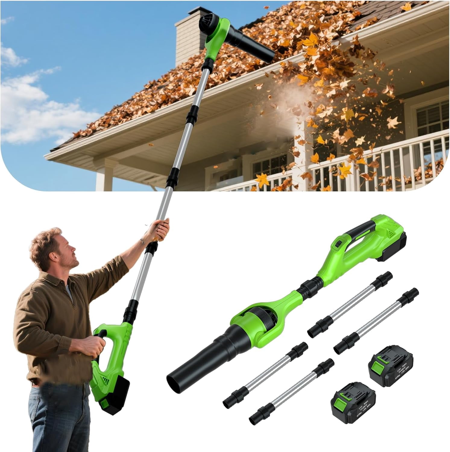 AP Roof Gutter Cleaning from The Ground, 40V Leaf Blowers Cordless with 2 Battery, Adjustable Pole (98inch)3 Speed Modes 500CFM/180MPH for Gutter Cleaner Extension Attachment Kit for Garden,House