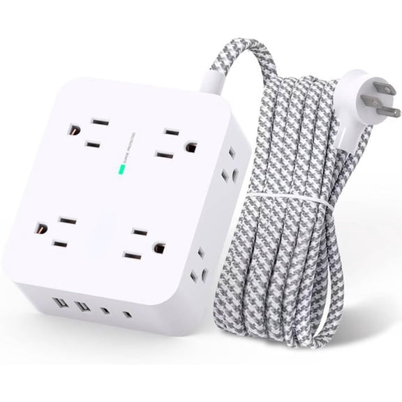 AllWays Plaza Extension Cord 20 Ft, Power Strip Surge Protector with 8 Outlets 4 USB Ports(2 USB C), Long Cord, Flat Plug, Wall Mount, Desk USB Charging Station for Home Office Essentials