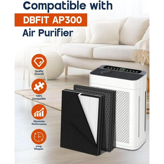AP300 Replacement Filter Compatible with DBFIT AP300 Air Puri-Fier, 3-Stage H13 HEPA Filtration Include Washable Pre-Filter & Activated Carbon Filter for Pet Dander, Smoke, 4 Pack