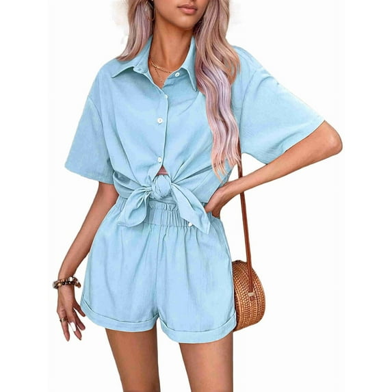 APAFES Women Summer Cotton Linen Short Sets 2 Piece Shorts Top Lounge Beach Vacation Two Piece Outfits Tracksuits Sky Blue M