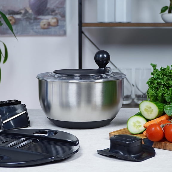 APD GLOBAL Stainless Steel Salad Spinner Large 5.28Qt with Vegetable Slicer -  Dishwasher Safe Fruit Washer & Colander for Kitchen