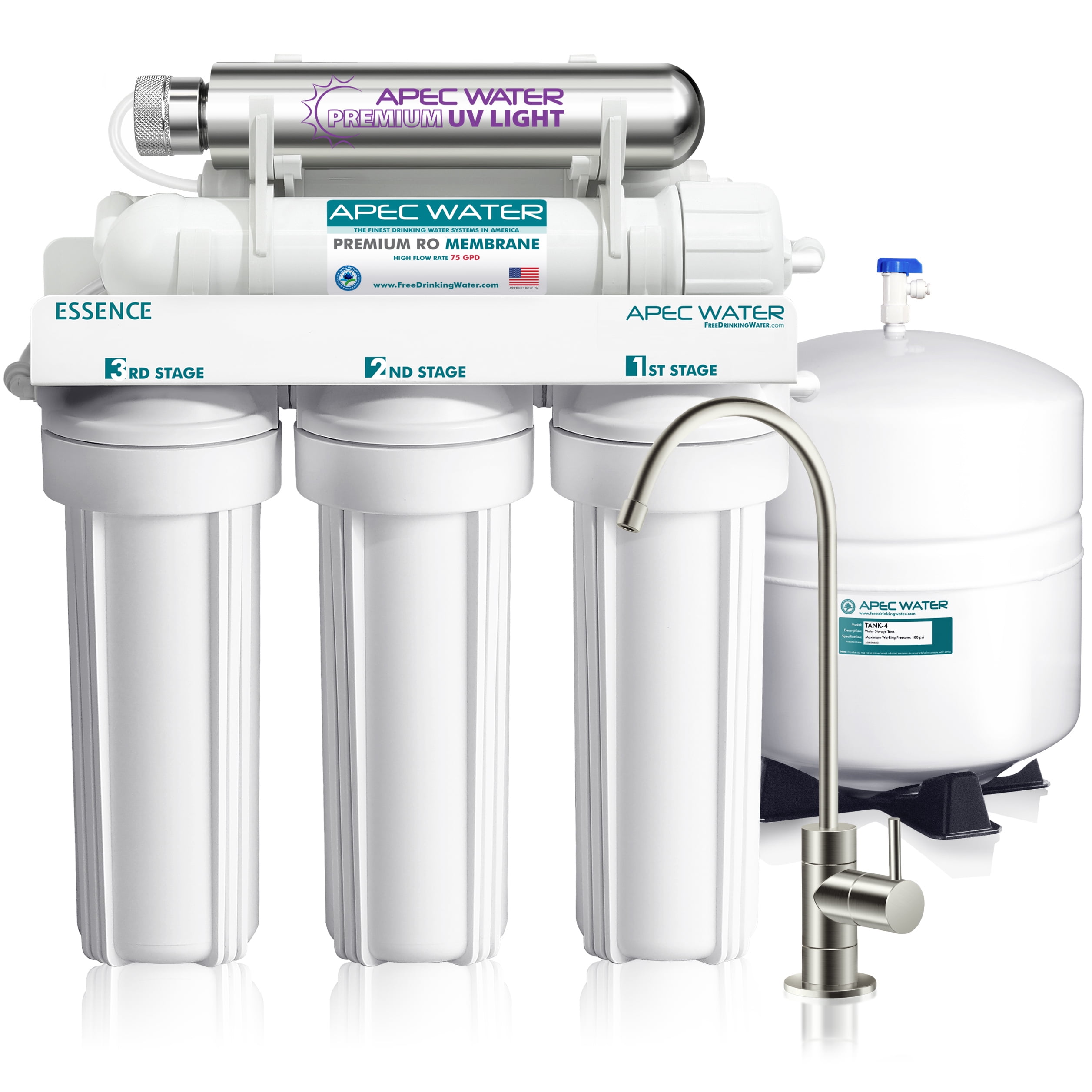 APEC Water Systems Top Tier UV Ultra-Violet Sterilizer 75 GPD 6-Stage Ultra Safe Reverse Osmosis Drinking Water Filter System (Essence ROES-UV75-SS)