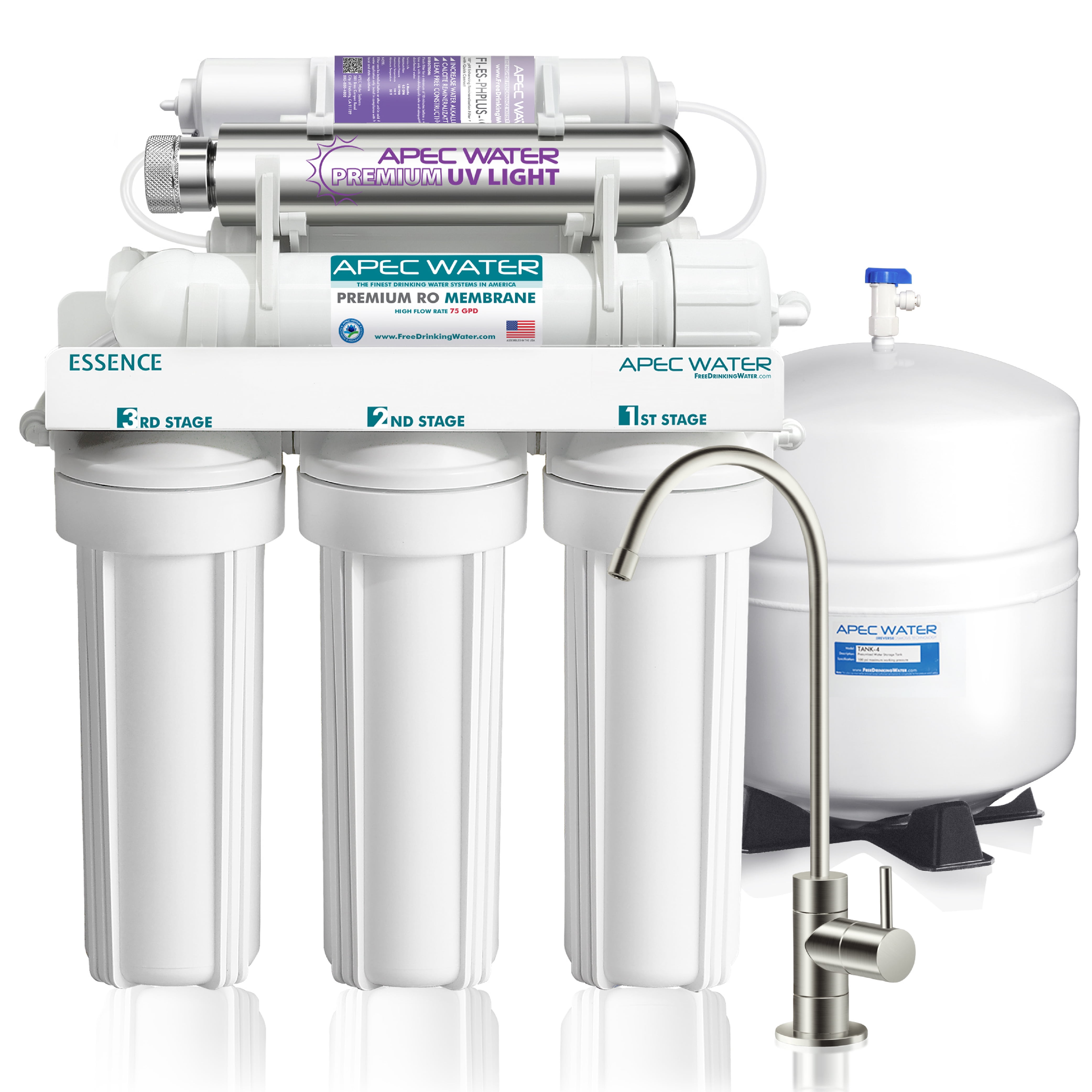 APEC pH+ Alkaline Mineral UV Sterilizer 75 GPD 7-Stage Under-Sink Reverse Osmosis Drinking Water Filter System (Essence ROES-PHUV75)