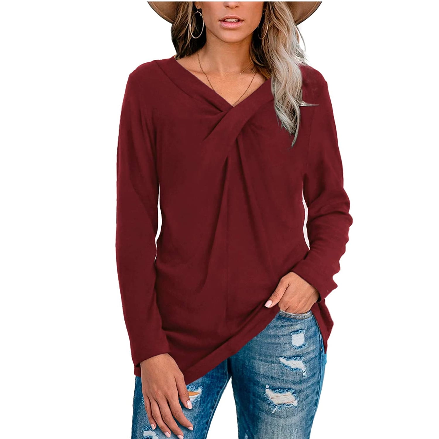 APEIYU Womens Casual Tops Long Sleeve Tunic Tops Twist Knot Pullover