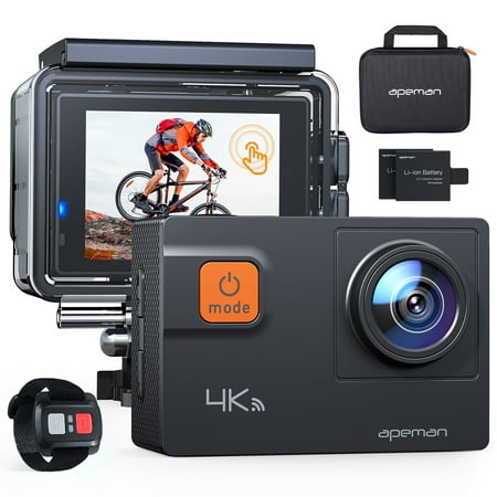 APEMAN Action Cam, 4K 20MP Action Camera with 4K Touchscreen Waterproof, 40M Underwater, EIS Stabilization Wifi 170° , Remote Control, Dual 1350 mAh Batteries