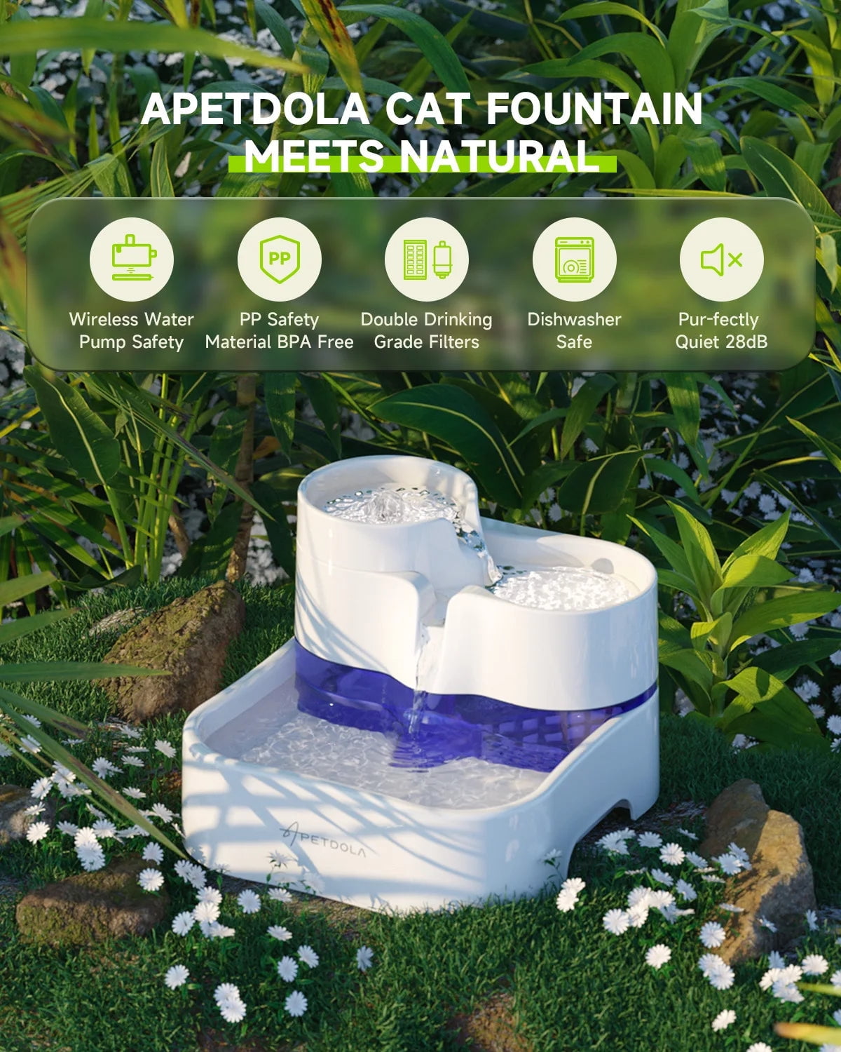 APETDOLA Cat Water Fountain 3L Cat Fountain with Wireless Pump & Human