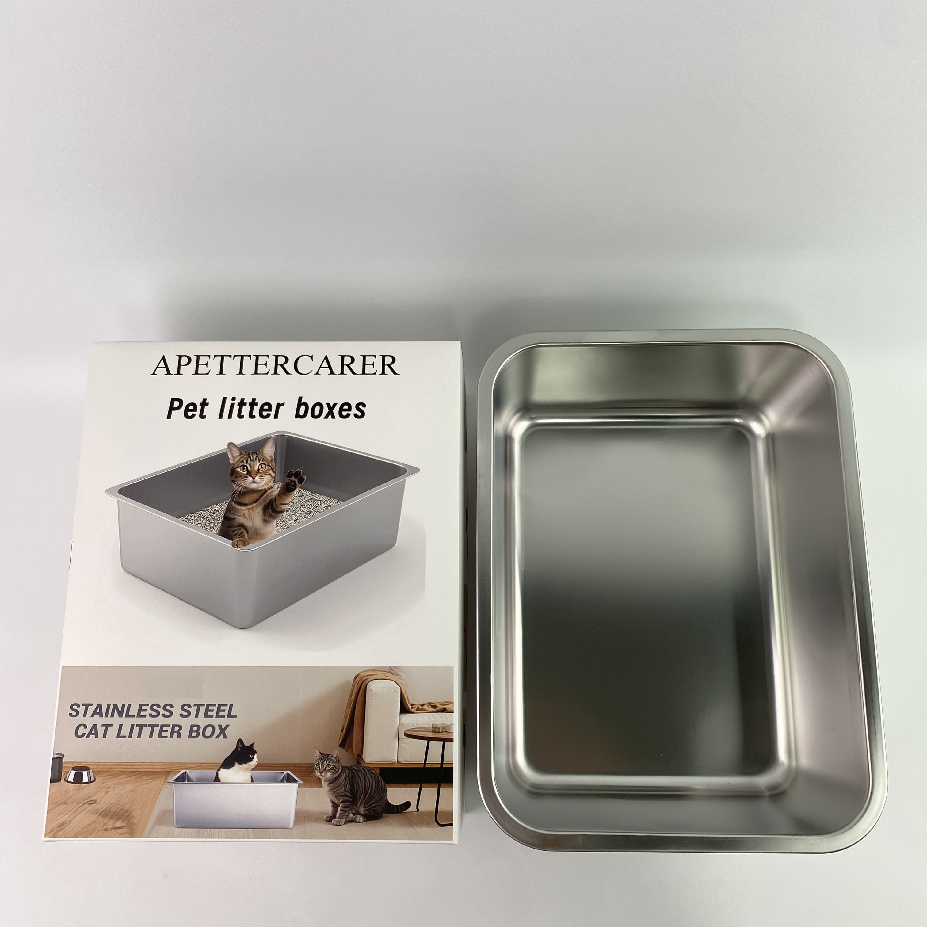 APETTERCARER Pet litter boxes,Stainless Steel Cat Litter Box - Metal High Sided Cat Pan, Large Stainless Steel Box, Indoor Litter Tray, Pet Toilet Supplies for Kitten