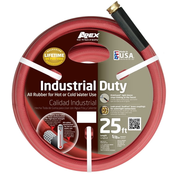 APEX 8695-25 Commercial All Rubber Hot and Cold Water Hose, 5/8" by 25', Red