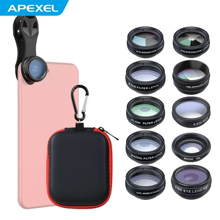 APEXEL 10 in 1 Phone Camera Lens Kit with 0.63X Wide Angle + 15X Macro + 198°Fisheye + 2X Telephoto + CPL + Star Filter + Radial Filter + Filter + Kaleidoscope 3 + Kaleidoscope 6 Compatible