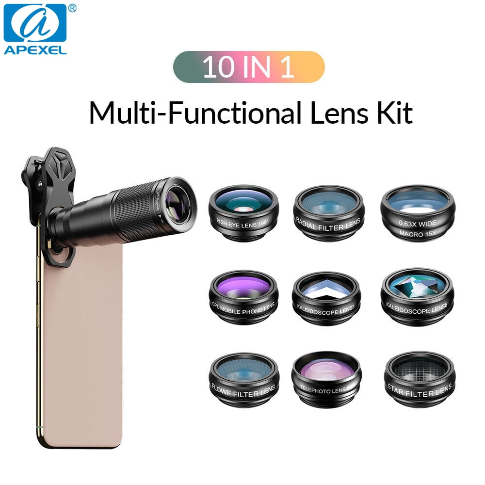 APEXEL 10 in 1 Mobile phone Lens Kit 22X Telephoto Fisheye lens Wide Angle Macro Lens+CPL Star