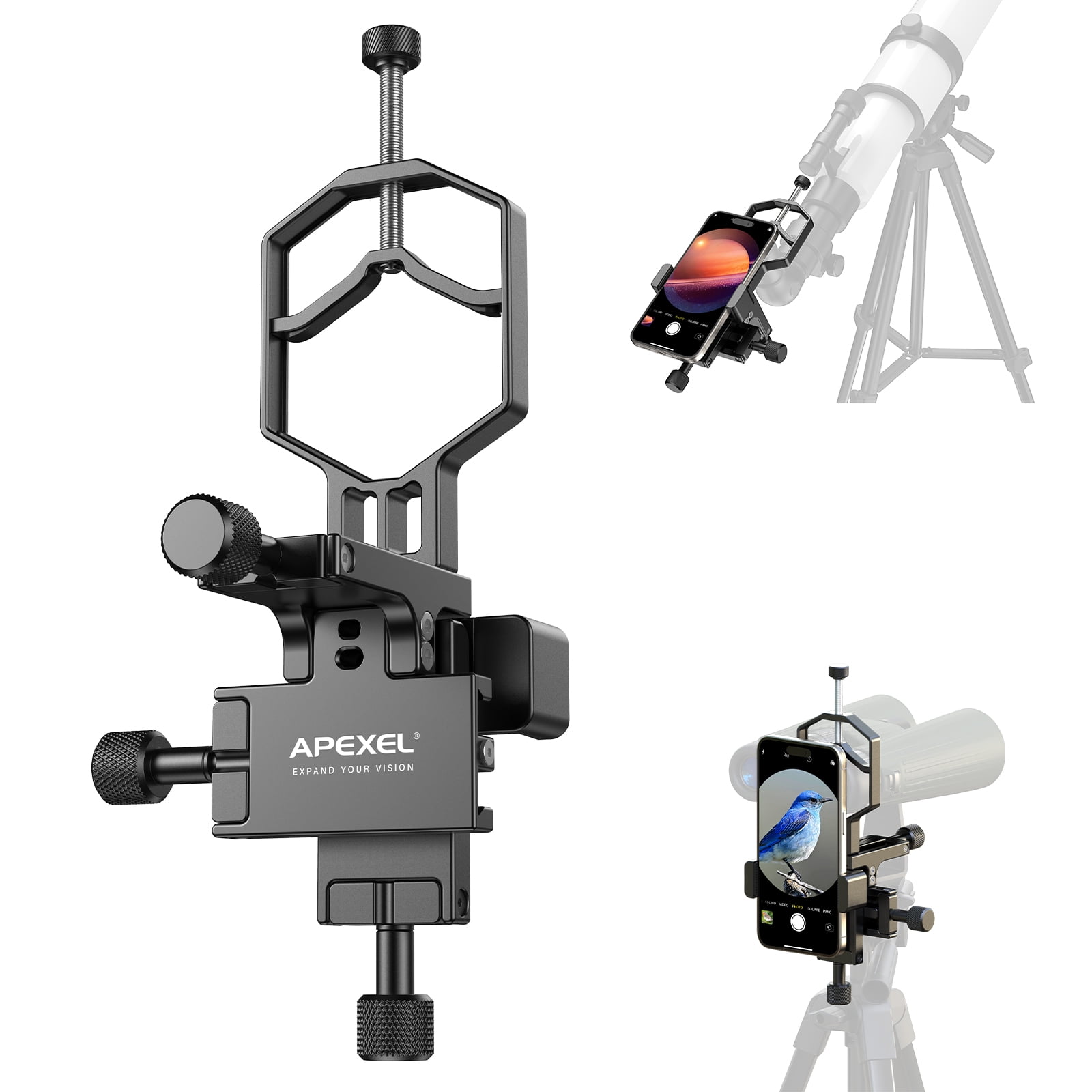 APEXEL 3-Axis Telescope Phone Adapter CNC Aluminum High-Precision Photo Adapter for Binocular Monocular