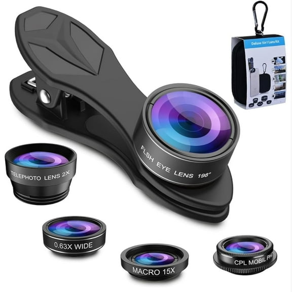 APEXEL 5 in 1 Fish Eye+Macro& Wide Angle Lens+CPL Filter+2X Telephoto Phone Camera Lens Kit
