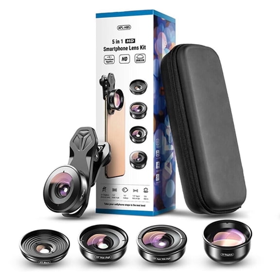 APEXEL 5 in 1 Lens Kit 4K HD 2X Telescope 195 Fisheye 10x Macro Lens for Phones Case