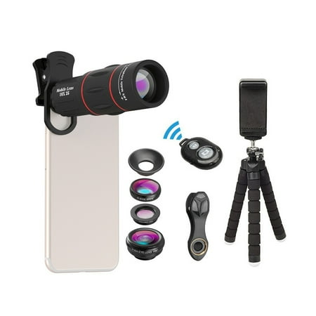 APEXEL APL-T18XBZJ5 Telephoto 4 in 1 Cellphone Lens Universal Kit 18X Mobile Phone Telephoto Lens 198° Fisheye Lens 0.63X Wide Angle 15X Macro Lens with Remote Shutter Tripod Phone Holder f