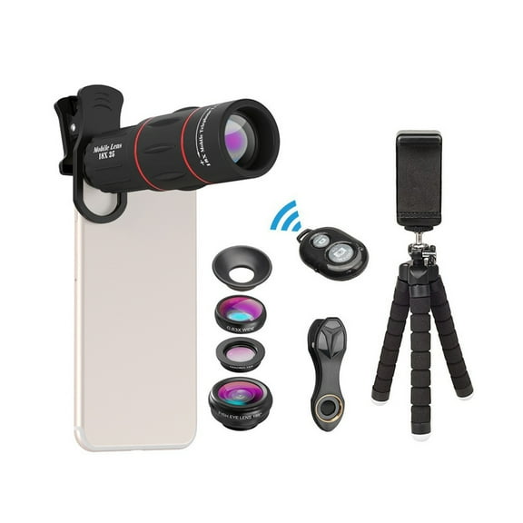 APEXEL APL-T18XBZJ5 Telephoto 4 in 1 Cellphone Lens Universal Kit 18X Mobile Phone Telephoto Lens 198 Fisheye Lens 0.63X Wide Angle 15X Macro Lens with Remote Shutter Tripod Phone Holder f