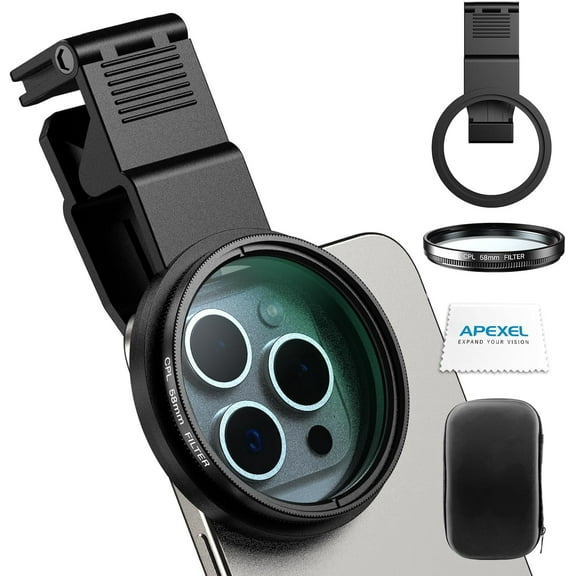 APEXEL CPL 58mm Circular Polarizer Polarizing Filter for iPhone/DSLR for iPhone Camera Lens 16 15 14 13 12 Pro Max Samsung Galaxy Huawei with Adapter Ring, Universal Clip, Cold Shoe