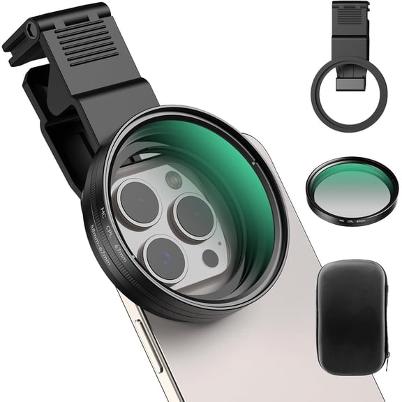 APEXEL CPL Filter 67mm Circular Polarizer Polarizing for iPhone/DSLR iPhone Camera Lens 16 15 14 13 12 Pro Max Samsung Galaxy Huawei with Adapter Ring, Universal Clip, Cold Shoe