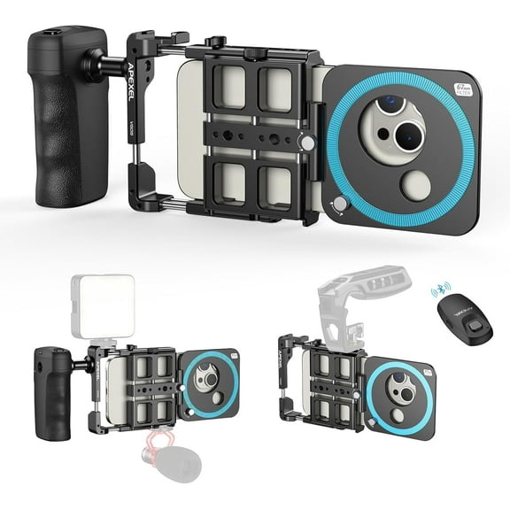 APEXEL Universal Phone Rig Video Kit. Aluminum Handheld Smartphone Vlogging Cage with Rechargeable Handle Wireless Bluetooth Shutter, Phone Stabilizer for Videomaker Compatible with iPhone/Android.
