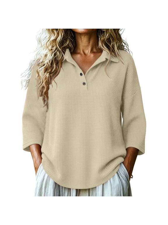 3/4 Sleeve Shirts for Women Waffle Knit Collared Blouse Solid Color Casual Loose Pullover Tops,S,Khaki